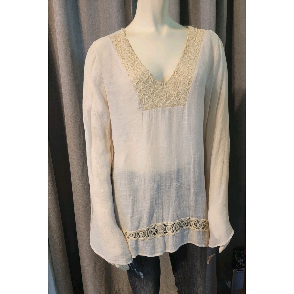 Boho Living‎ Doll Los Angeles Sheer Gauze W/lace Bell Sleeve Tunic NWT L Hippie